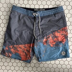 Billabong Men’s Gray, Blue & Orange Graphic Board Shorts (L)